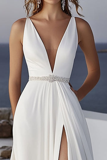 Ivory Ruched Chiffon A Line Wedding Dress With Slit